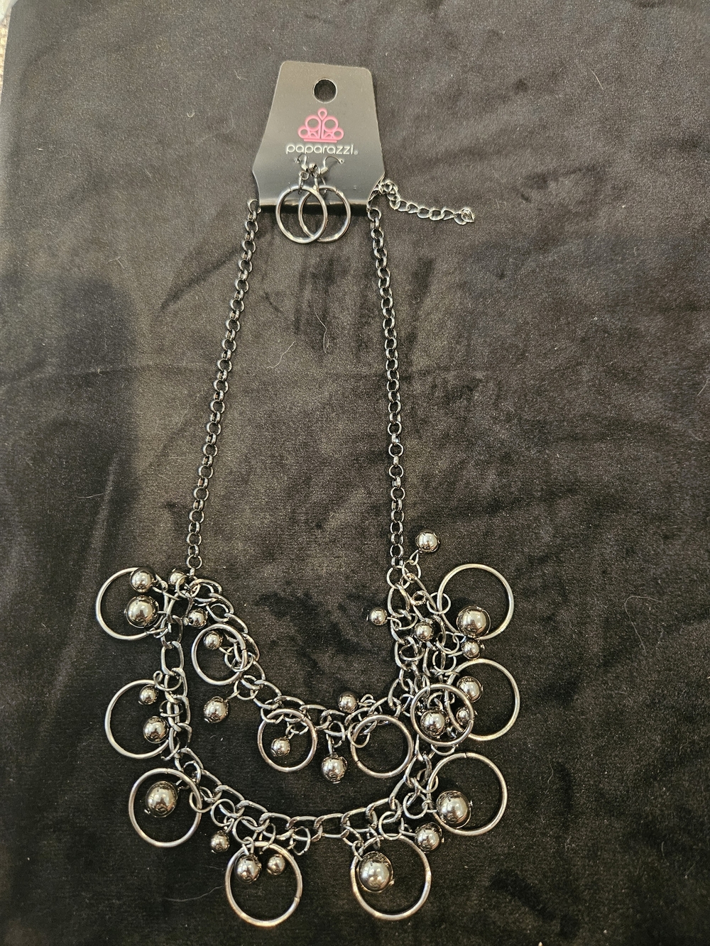 paparazzi Gunmetal Multi-Ring Layered Necklace with Hoop Accents